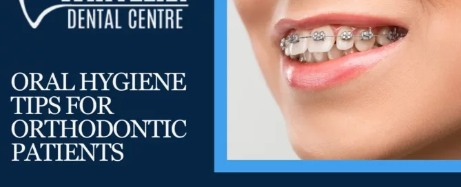 Close-up of a smiling person's mouth with orthodontic braces on their teeth